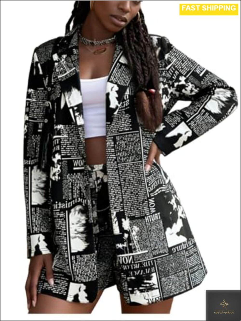 Women's Newspaper Print Blazer Button Front Long Sleeve Business Jacket